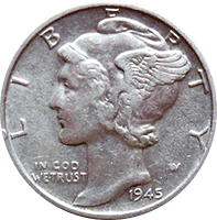 Unc 1945 P Mercury Dime Almost Uncirculated 90% Silver Coin AU 
