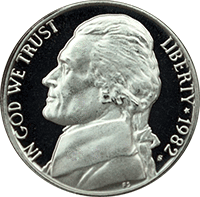 1982 S US Mint Jefferson Proof 5 Cent Nickel Coin