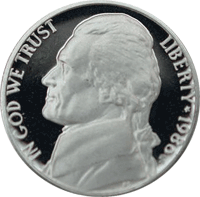 1986 P Jefferson Nickel